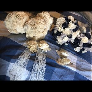 Wedding bouquet made from wood and paper. Blue and cream